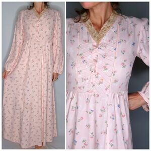 70s Maxi Floral Dress Prairie Peasant Lace Trim - Gunne Sax Victorian Style XXS